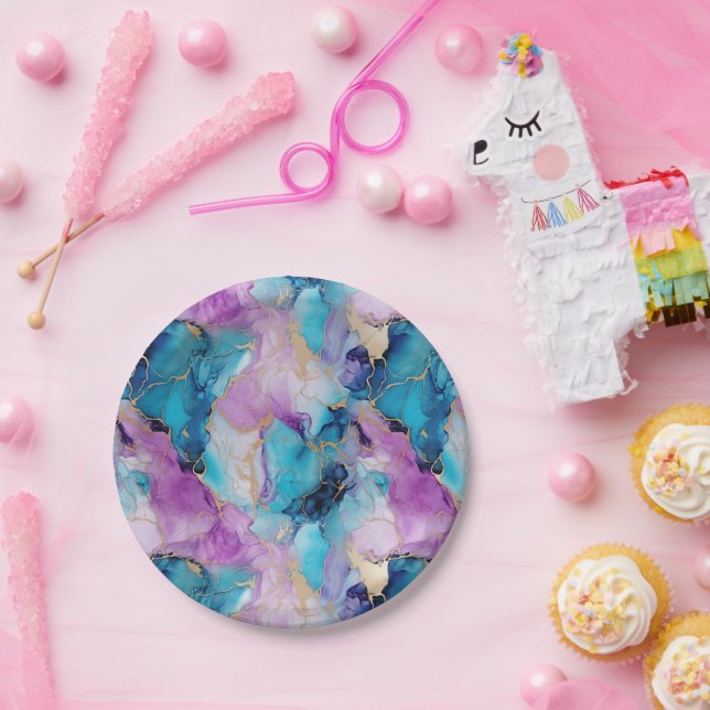 Turquoise Aqua Purple Gold Marble Paper Plates (Party)