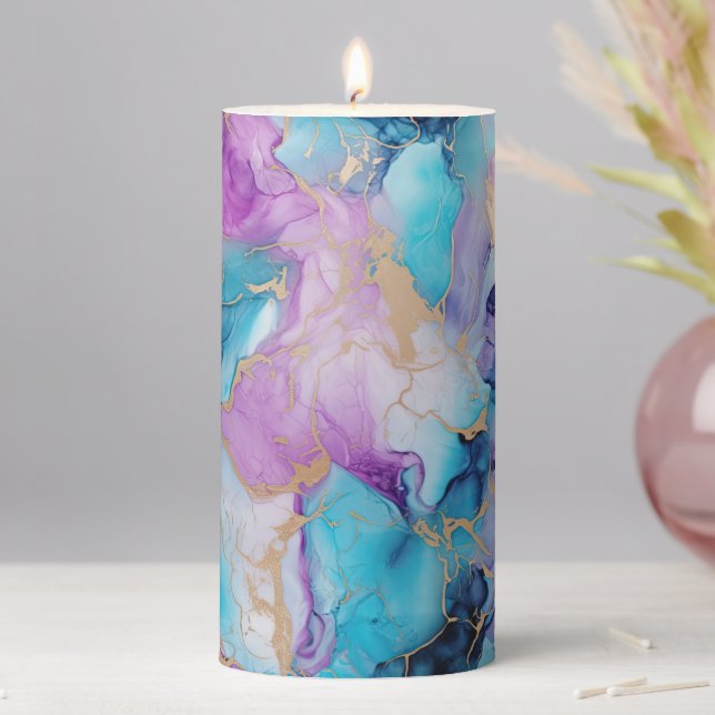 Turquoise Aqua Purple Gold Marble Pillar Candle (In Situ)