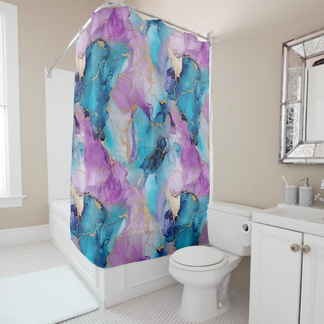 Turquoise Aqua Purple Gold Marble Shower Curtain (In Situ)