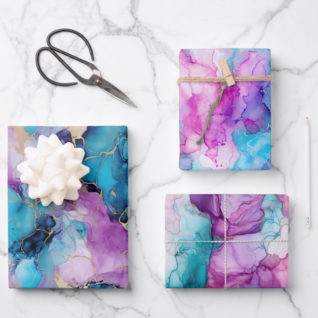 Turquoise Aqua Purple Gold Marble Wrapping Paper Sheets (Front)