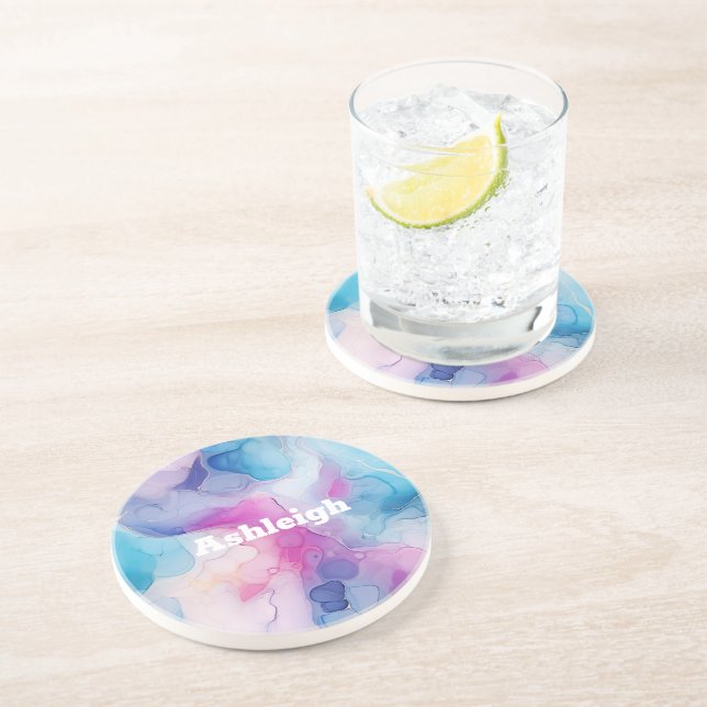 Turquoise Aqua Purple Pink Marble Birthday Coaster (Side)