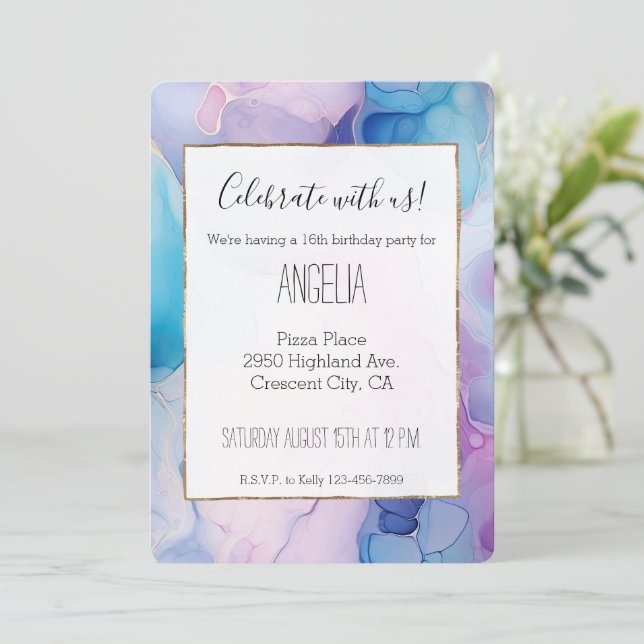 Turquoise Aqua Purple Pink Marble Birthday Invitation (Standing Front)