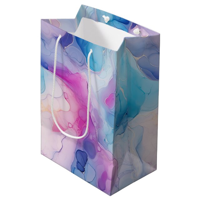 Turquoise Aqua Purple Pink Marble Birthday Medium Gift Bag (Front Angled)