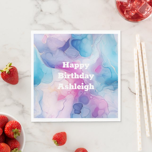 Turquoise Aqua Purple Pink Marble Birthday Napkins (Insitu)