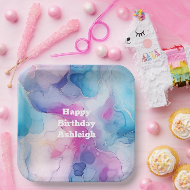 Turquoise Aqua Purple Pink Marble Birthday Paper Plates (Party)
