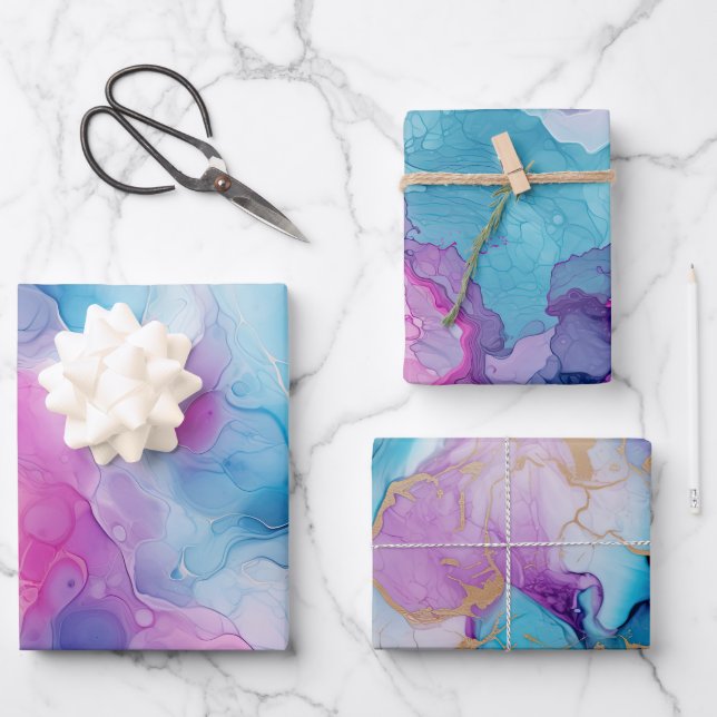 Turquoise Aqua Purple Pink Marble Birthday Wrapping Paper Sheets (Front)