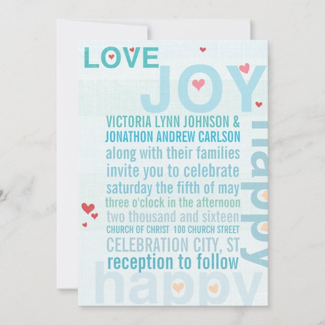 Turquoise Aqua Red Heart Modern Typography Wedding Invitation (Front)