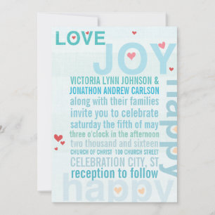 Turquoise Aqua Red Heart Modern Typography Wedding Invitation