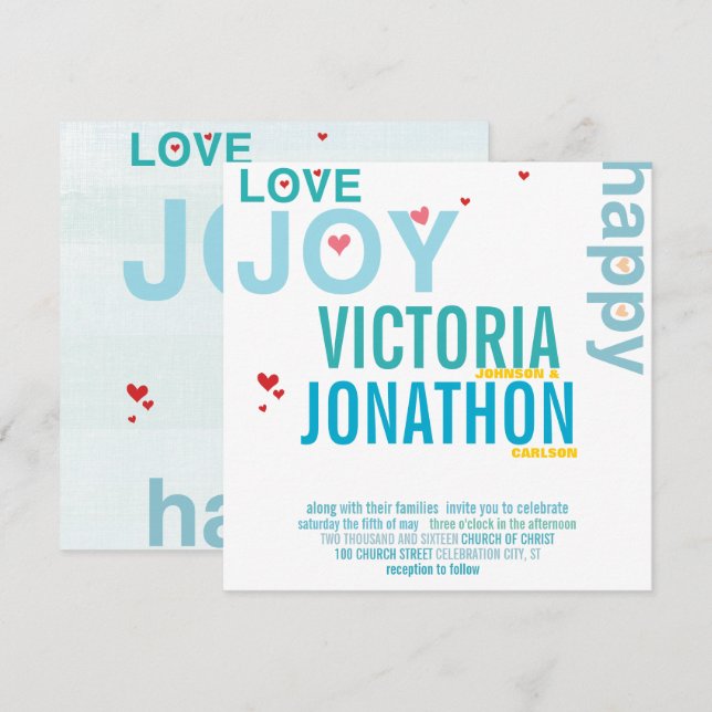 Turquoise Aqua Red Heart Modern Typography Wedding Invitation (Front/Back)