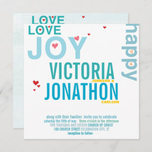 Turquoise Aqua Red Heart Modern Typography Wedding Invitation