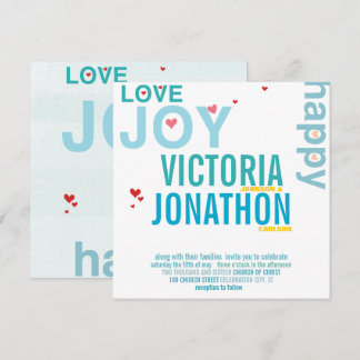 Turquoise Aqua Red Heart Modern Typography Wedding Invitation
