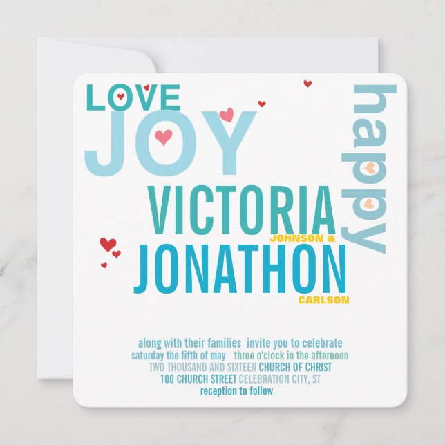 Turquoise Aqua Red Heart Modern Typography Wedding Invitation (Front)