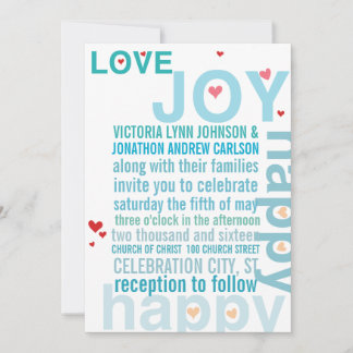 Turquoise Aqua Red Heart Modern Typography Wedding Invitation