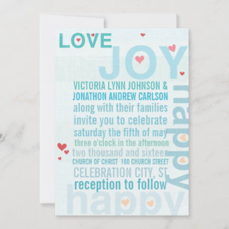 Turquoise Aqua Red Heart Modern Typography Wedding Invitation
