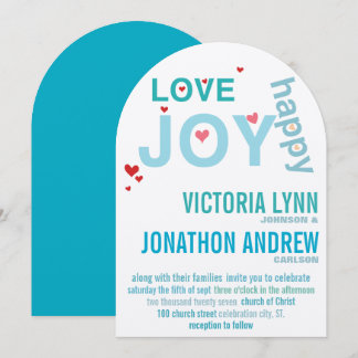 Turquoise Aqua Red Heart Modern Typography Wedding Invitation
