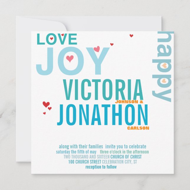 Turquoise Aqua Red Heart Modern Typography Wedding Invitation (Front)