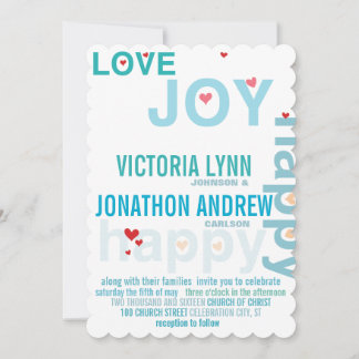 Turquoise Aqua Red Heart Modern Typography Wedding Invitation