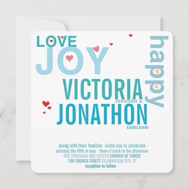 Turquoise Aqua Red Heart Modern Typography Wedding Invitation (Front)