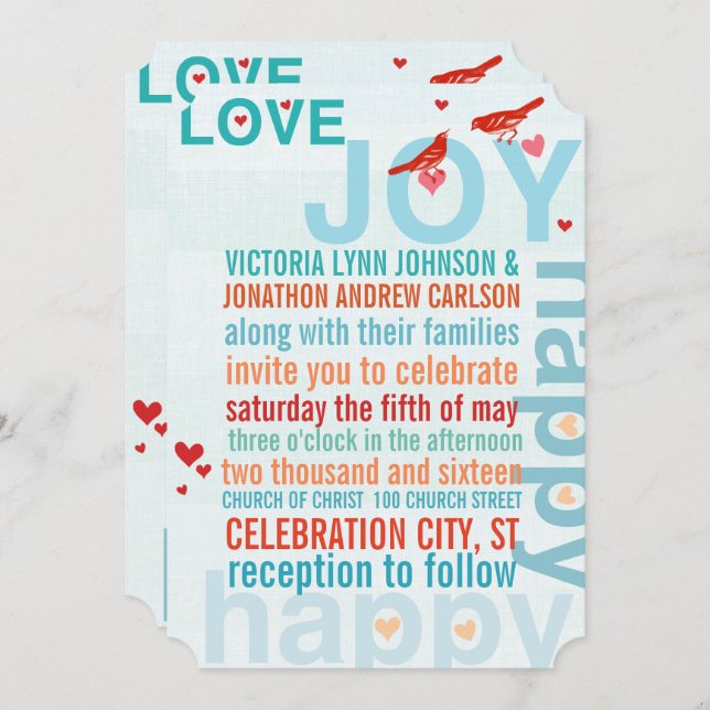 Turquoise Aqua Red Modern Typography Love Bird Invitation (Front/Back)