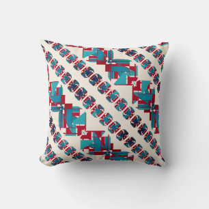 Turquoise Aqua Red White Diagonal Mediterranean Throw Pillow