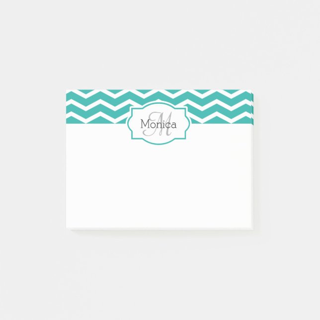 Turquoise Aqua Teal Chevron Name Monogrammed Post-it Notes (Front)
