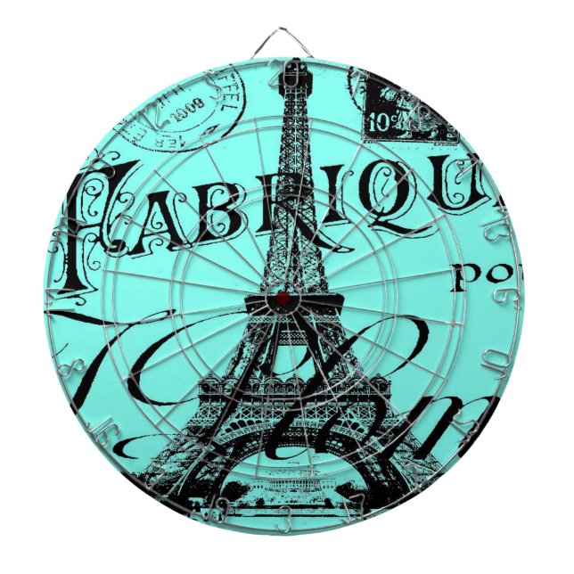 turquoise aqua teal scripts Paris Eiffel Tower Dart Board (Front)