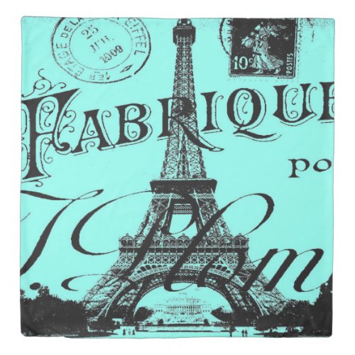 turquoise aqua teal scripts Paris Eiffel Tower Duvet Cover