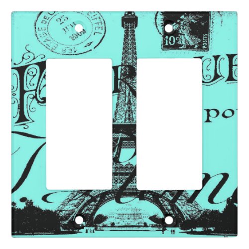 turquoise aqua teal scripts Paris Eiffel Tower Light Switch Cover