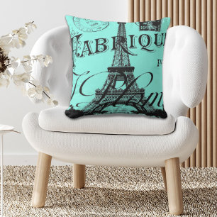 turquoise aqua teal scripts Paris Eiffel Tower Outdoor Pillow