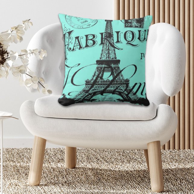 turquoise aqua teal scripts Paris Eiffel Tower Outdoor Pillow (turquoise aqua teal scripts Paris Eiffel Tower Outdoor Pillow)