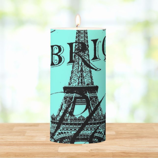 turquoise aqua teal scripts Paris Eiffel Tower Pillar Candle (turquoise aqua teal scripts Paris Eiffel Tower Pillar Candle)