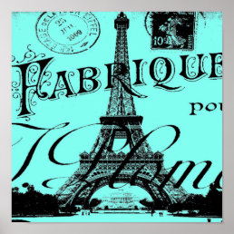 turquoise aqua teal scripts Paris Eiffel Tower Poster