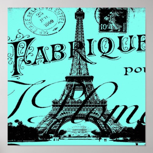 turquoise aqua teal scripts Paris Eiffel Tower Poster