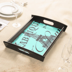 turquoise aqua teal scripts Paris Eiffel Tower Serving Tray