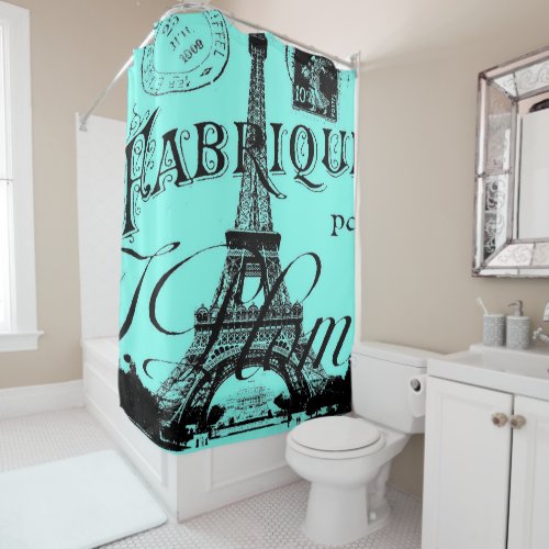 turquoise aqua teal scripts Paris Eiffel Tower Shower Curtain