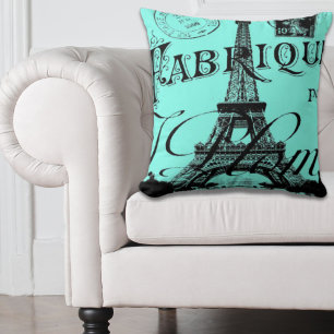 turquoise aqua teal scripts Paris Eiffel Tower Throw Pillow