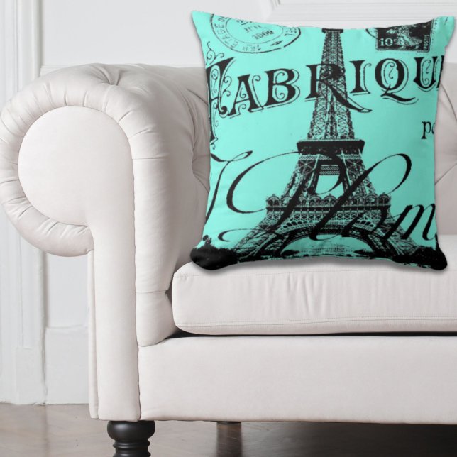 turquoise aqua teal scripts Paris Eiffel Tower Throw Pillow (turquoise aqua teal scripts Paris Eiffel Tower Throw Pillow)