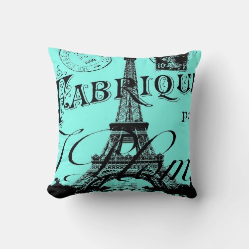 turquoise aqua teal scripts Paris Eiffel Tower Throw Pillow