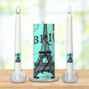turquoise aqua teal scripts Paris Eiffel Tower Unity Candle Set