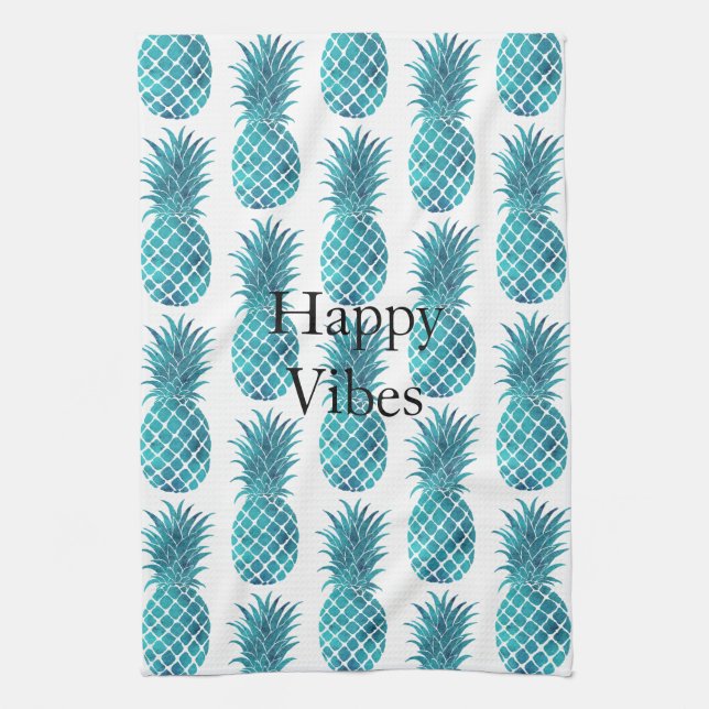 Turquoise Aqua Tropical Pineapples Kitchen Towel (Vertical)