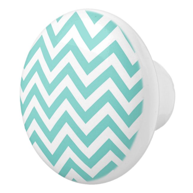 Turquoise Aqua White Large Chevron ZigZag Pattern Ceramic Knob (Right)