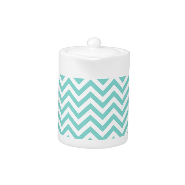 Turquoise Aqua White Large Chevron ZigZag Pattern Teapot (Front)