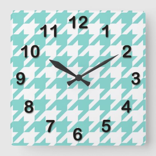 Turquoise  Aqua White Large Houndstooth Pattern Square Wall Clock