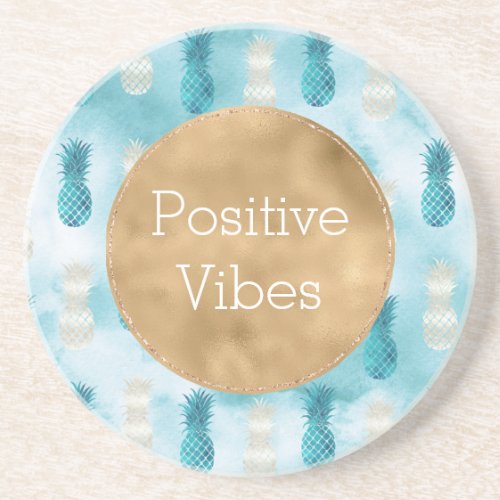 Turquoise Aqua White Pineapples Watercolor Coaster