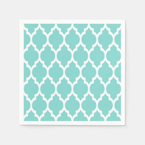 Turquoise Aqua Wht Moroccan Quatrefoil Pattern 4 Paper Napkins