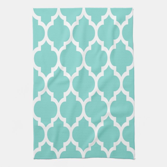 Turquoise Aqua Wht Moroccan Quatrefoil Pattern #4 Towel (Vertical)