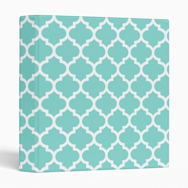 Turquoise Aqua Wht Moroccan Quatrefoil Pattern #5 3 Ring Binder (Front/Spine)