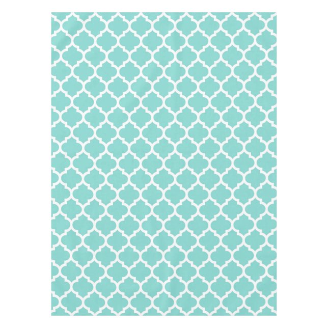 Turquoise Aqua Wht Moroccan Quatrefoil Pattern #5 Tablecloth (Front)