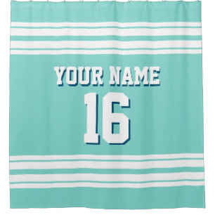 Turquoise Aqua with White Stripes Sports Jersey Shower Curtain