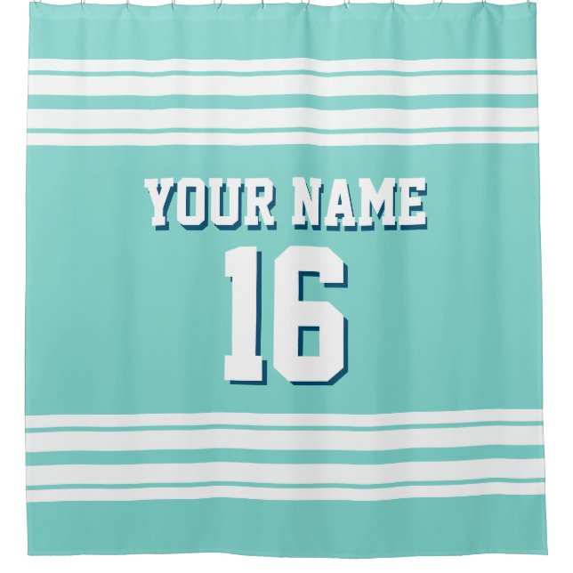 Turquoise Aqua with White Stripes Sports Jersey Shower Curtain (Front)